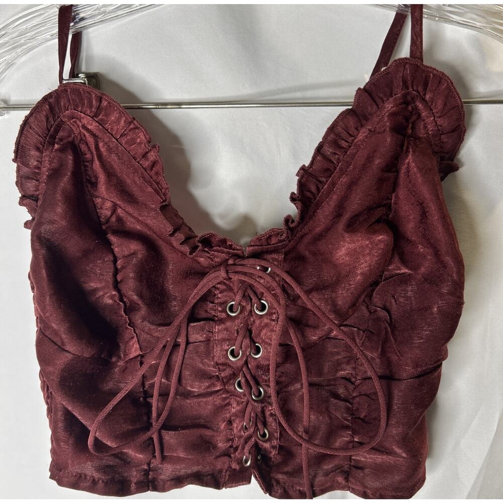 Sleeveless Top Size Small Whimsical Fairy Grunge Gothic Burgundy lace up Ruffle